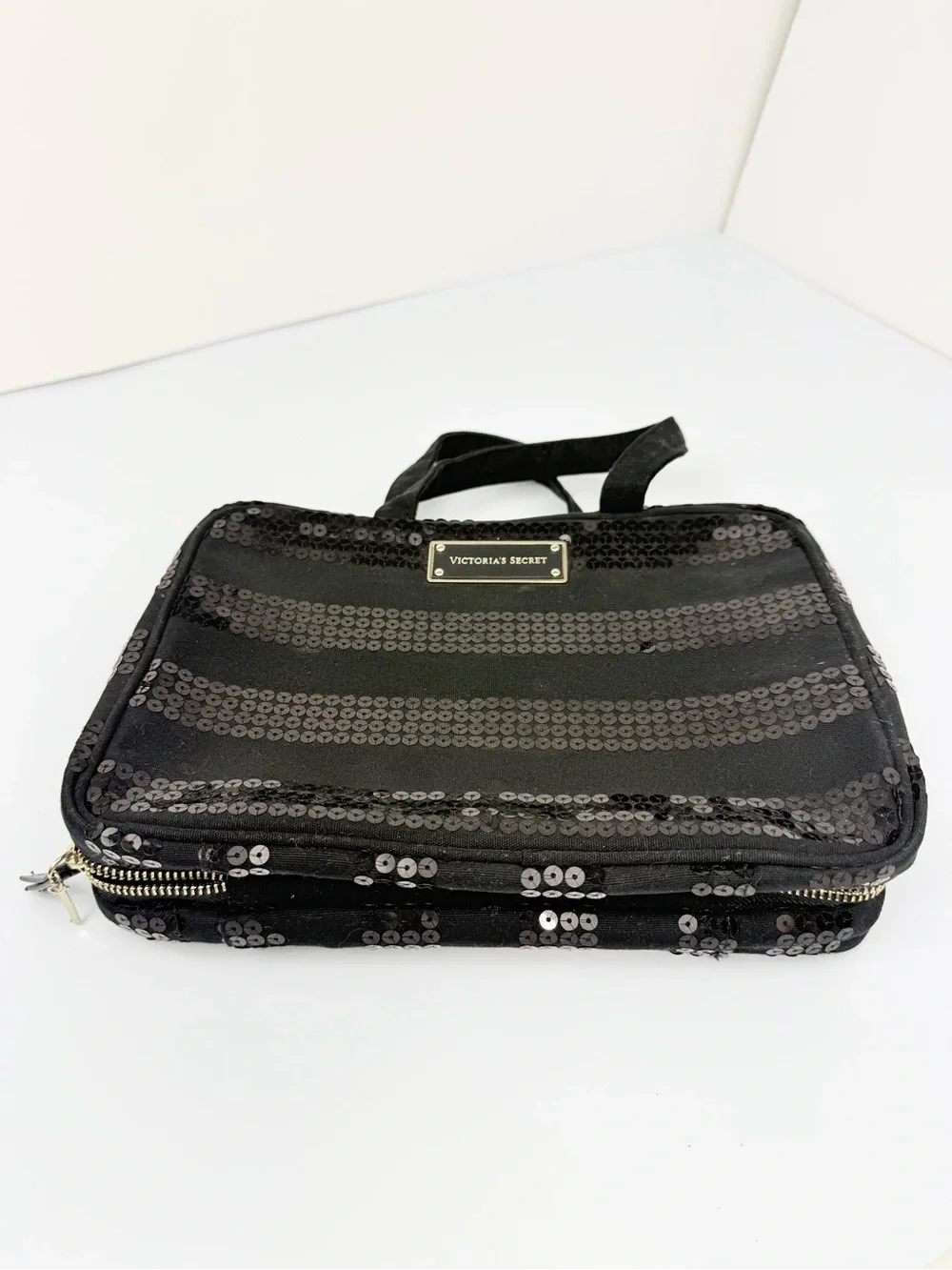 Victoria's Secret Black Canvas Sequin Stripe Double Handle Zip Toiletry Bag